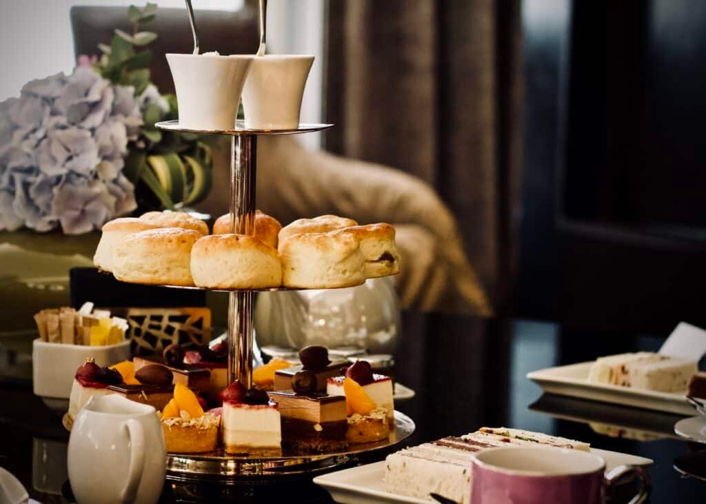 Afternoon tea plate of scones and cakes