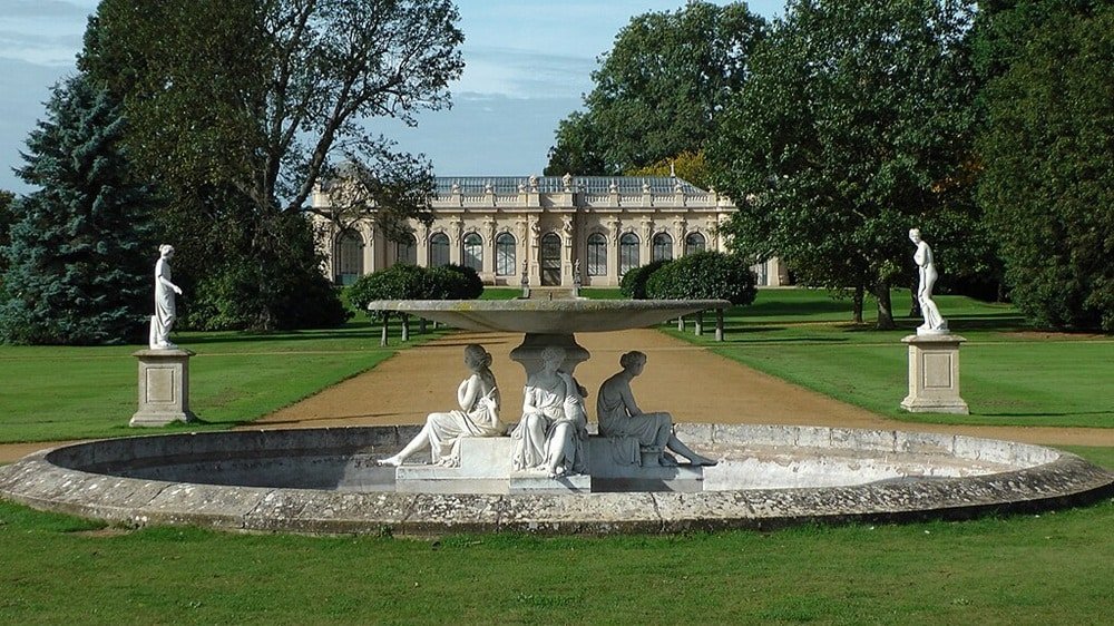 An elegant fountain in front of a stylish pavilion, owned by English Heritage
